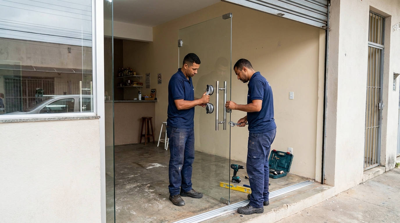 Dupla instalando porta de vidro em loja em Florianópolis-SC